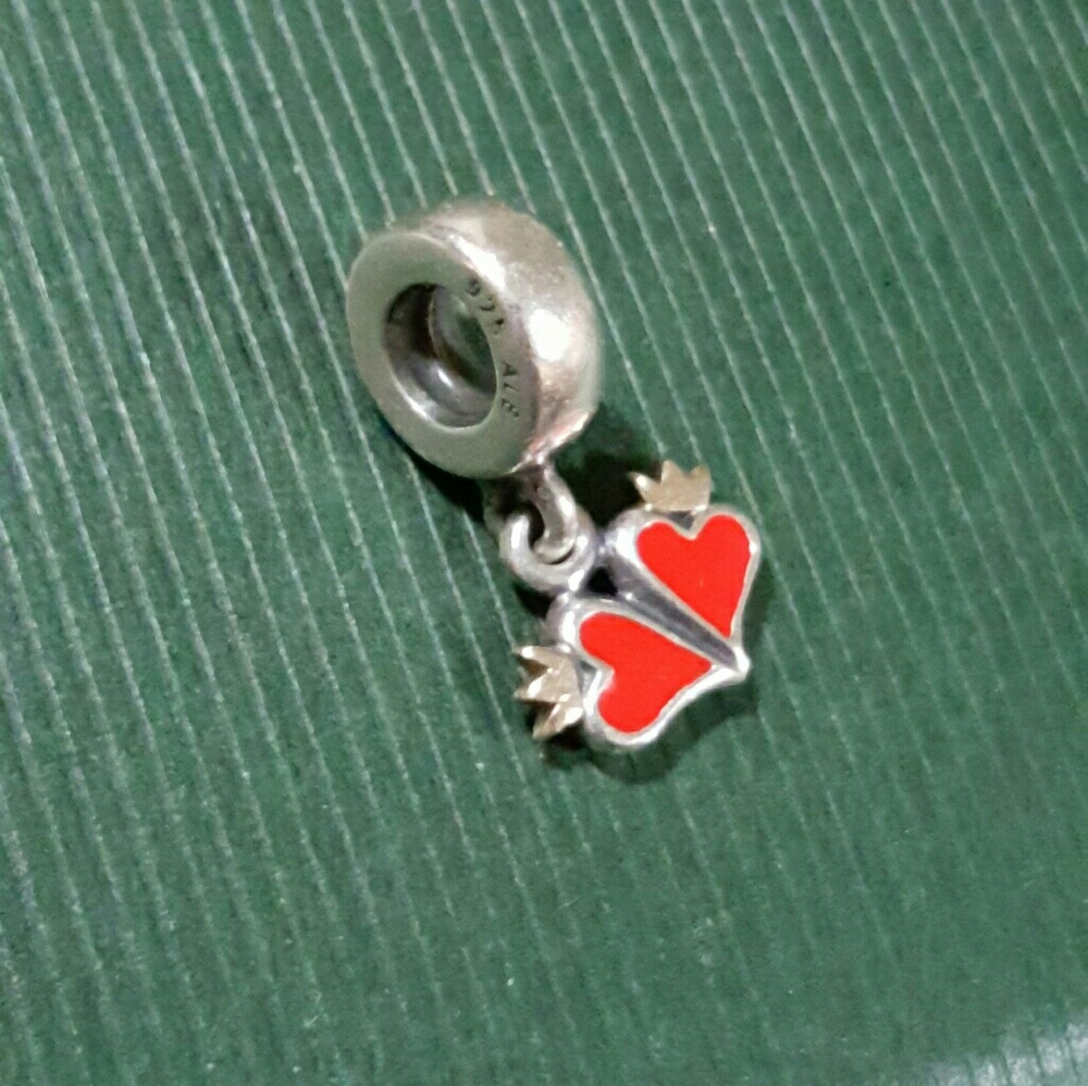 Pandora dangle red enamel hearts w/14k gold